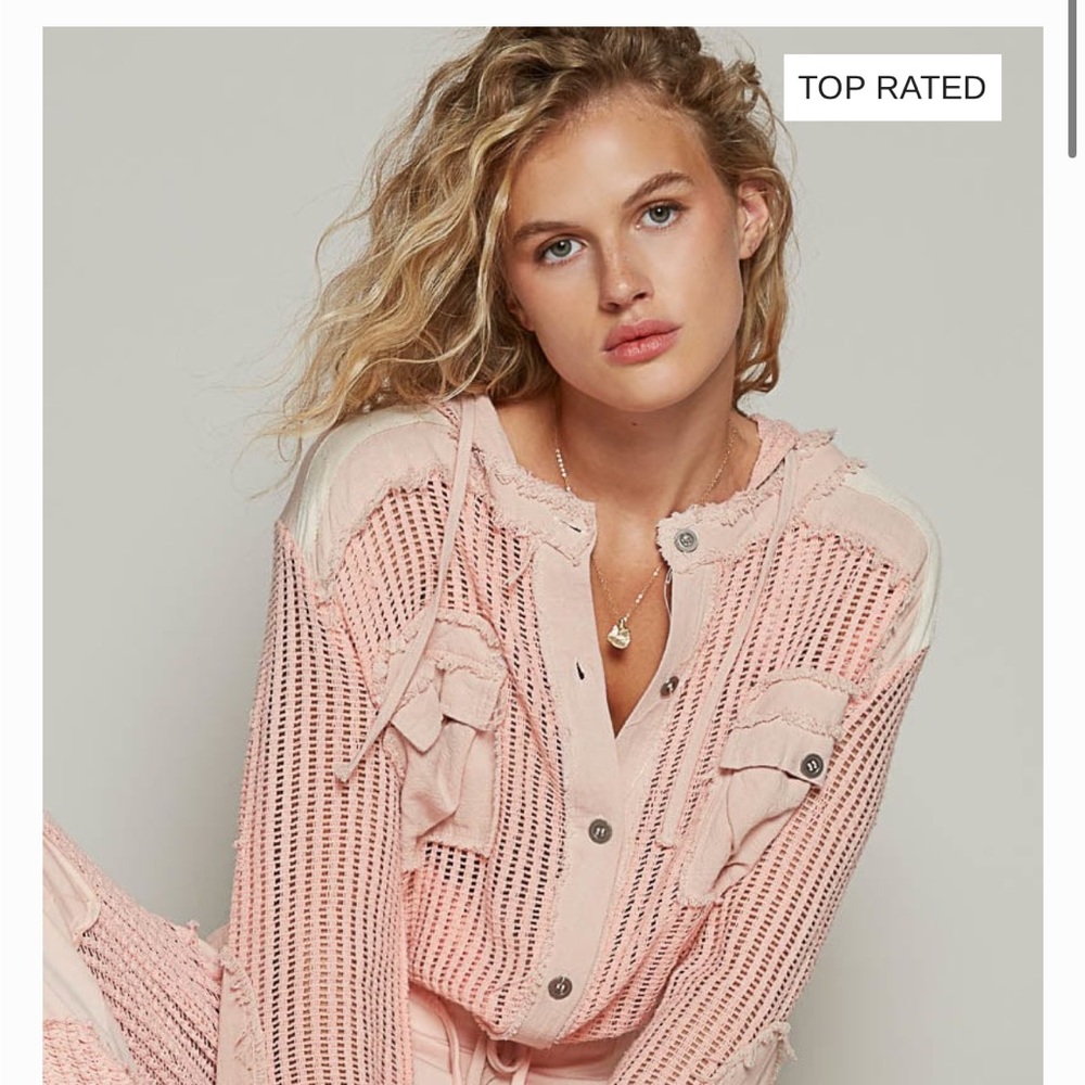 NWT Pol Pink Crochet Hooded Button-Up Jacket